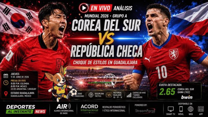Pantalla de televisión mostrando las variaciones de cuotas de apuestas de bwin y análisis táctico para el partido Corea del Sur vs República Checa del Mundial 2026