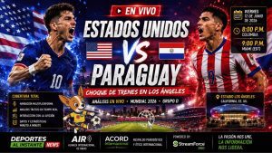 Panelistas en un set de televisión digital proyectando mapas de calor y pizarras técnicas para el partido entre Estados Unidos y Paraguay de la Copa del Mundo 2026