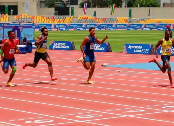 Delegación de atletismo de Colombia celebrando sus medallas en los Juegos Bolivarianos”.