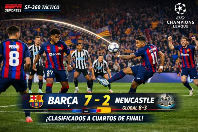 Festejo de Lamine Yamal y Robert Lewandowski en la goleada 7-2 al Newcastle. Leyenda: El Barcelona celebra una clasificación histórica a cuartos de final de la Champions 2026.