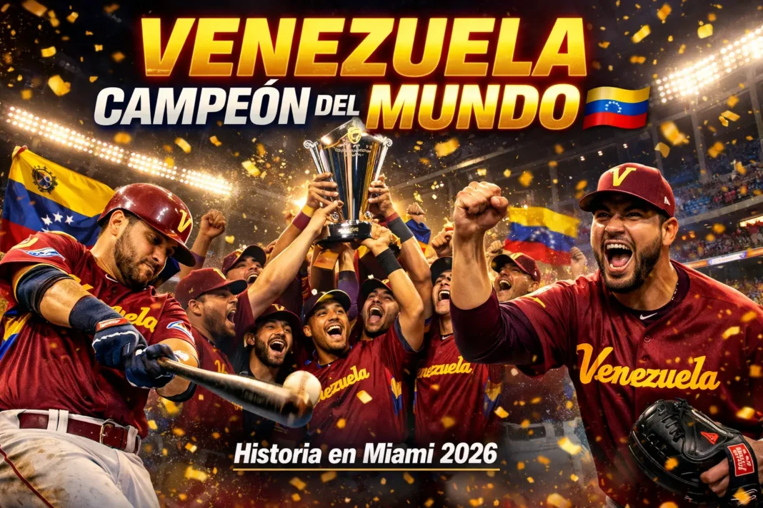 Celebración de la selección de Venezuela campeón Clásico Mundial 2026. Leyenda: Venezuela celebra su primer título mundial de béisbol tras vencer a Estados Unidos.