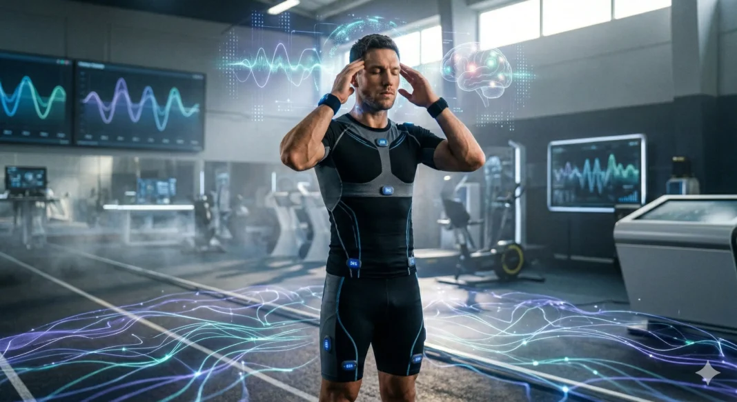 Gráfico conceptual de un atleta fusionado con conexiones neuronales, representando el entrenamiento mental y el estado de flujo.