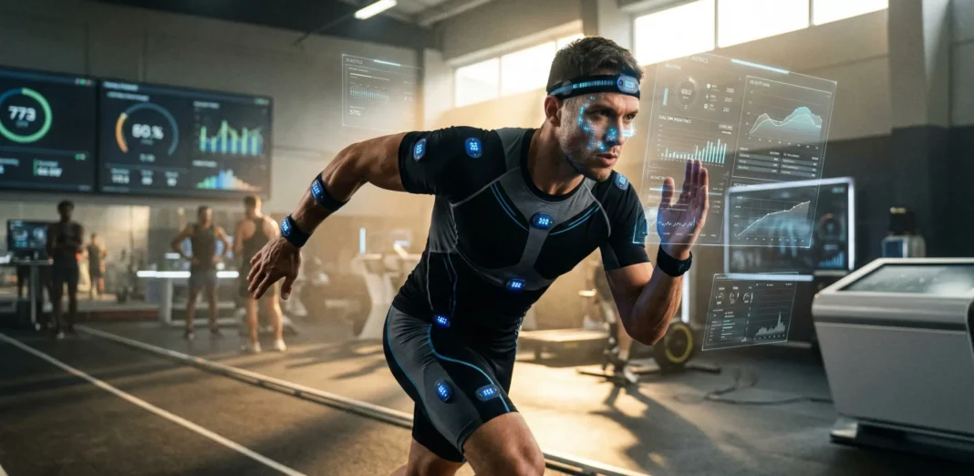 Atleta profesional utilizando sensores biométricos de alta tecnología y análisis de datos en tiempo real.