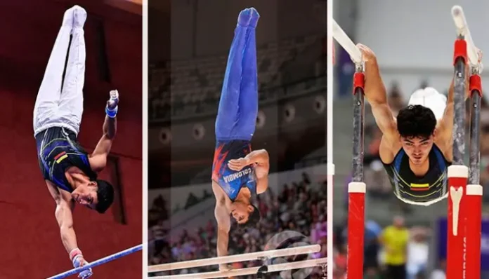 Ángel Barajas realizando una rutina de barra paralela en la Copa Mundo de Croacia.