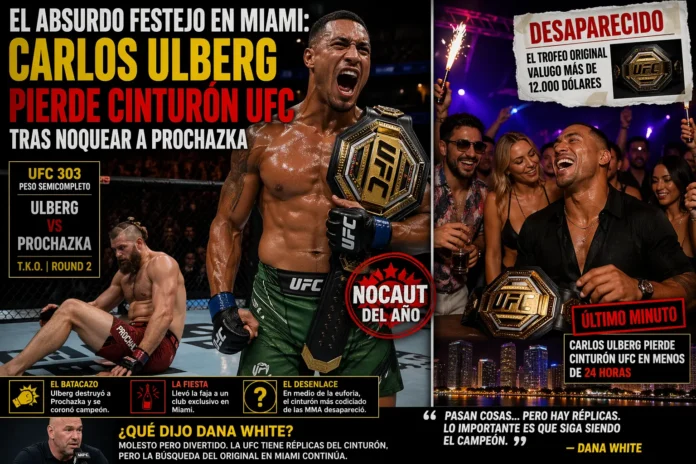 Carlos Ulberg celebrando con el cinturón UFC tras noquear a Jiri Prochazka, en una fiesta en Miami donde el título desapareció en medio de la euforia y el caos nocturno