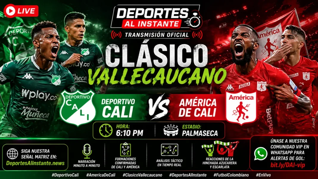 Jugadores de Deportivo Cali y América de Cali en el Estadio Palmaseca durante el clásico vallecaucano en vivo