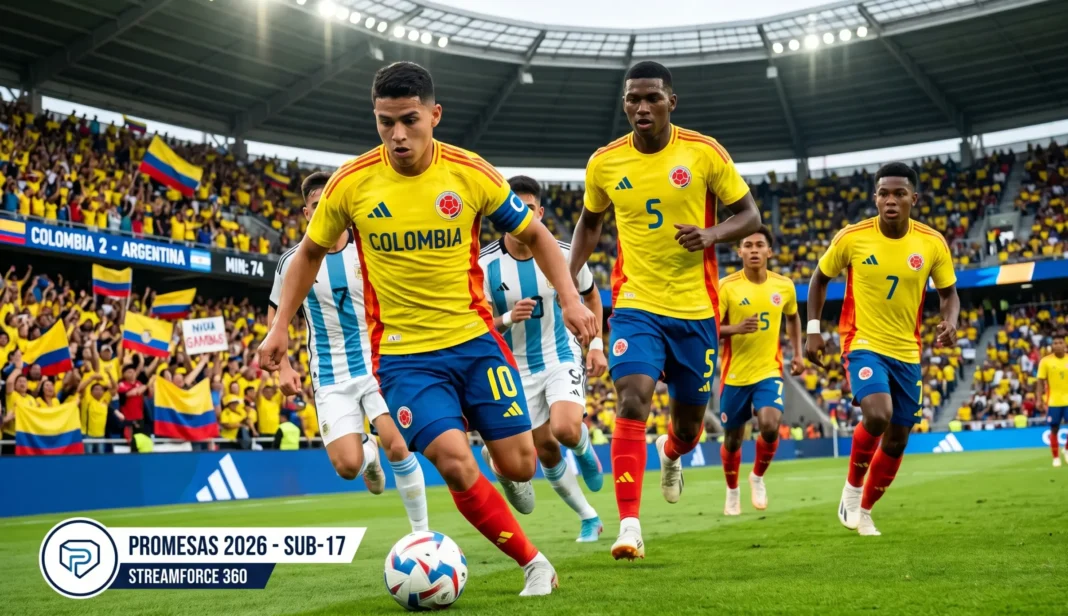 Jugadores de la Selección Colombia Sub-17 Juan José Córdoba, Yampier Rivas y Jordan Barrera en acción durante el Sudamericano 2026.
