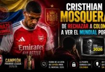 Cristhian Mosquera, fuera de España para el Mundial 2026 El defensa Cristhian Mosquera durante un partido con el Arsenal, tras confirmarse su ausencia en el Mundial 2026.