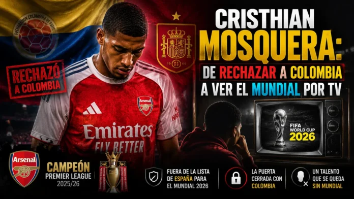 El defensa Cristhian Mosquera durante un partido con el Arsenal, tras confirmarse su ausencia en el Mundial 2026.
