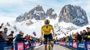 Jonas Vingegaard ciclista danés ascendiendo el Passo Giau durante la etapa reina del Giro d'Italia 2026.