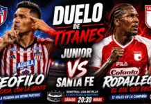 Junior vs Independiente Santa Fe: Rodallega contra Teófilo 2026 Detalle expresivo de los rostros de Hugo Rodallega y Teófilo Gutiérrez, reflejando la concentración y el carácter de dos leyendas del fútbol colombiano.