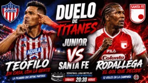 Detalle expresivo de los rostros de Hugo Rodallega y Teófilo Gutiérrez, reflejando la concentración y el carácter de dos leyendas del fútbol colombiano.