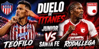 Junior vs Independiente Santa Fe: Rodallega contra Teófilo 2026 Detalle expresivo de los rostros de Hugo Rodallega y Teófilo Gutiérrez, reflejando la concentración y el carácter de dos leyendas del fútbol colombiano.