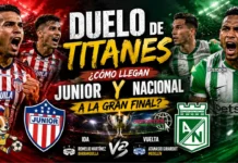 Junior vs Nacional: 3-0 en la Final de Ida de la Liga BetPlay Tribunas del Estadio Romelio Martínez colmadas de aficionados durante el partido de ida de la final de fútbol entre Junior y Atlético Nacional