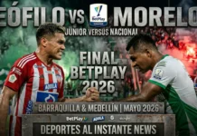 Junior vs Atlético Nacional: Finalistas de la Liga BetPlay 2026 Hinchas de Junior de Barranquilla y Atlético Nacional ondeando banderas institucionales de cara al clásico definitivo por el título colombiano.