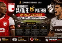 En vivo Independiente Santa Fe vs Platense: Previa, Horas y Canales Jugadores de Independiente Santa Fe y Platense disputando un balón dividido en el Estadio El Campín durante la Copa Libertadores 2026.