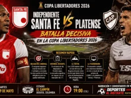 Jugadores de Independiente Santa Fe y Platense disputando un balón dividido en el Estadio El Campín durante la Copa Libertadores 2026.