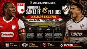 Jugadores de Independiente Santa Fe y Platense disputando un balón dividido en el Estadio El Campín durante la Copa Libertadores 2026.