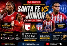 Santa Fe vs Junior en vivo: Semifinales Liga Colombiana 2026 Jugadores de Santa Fe y Junior disputando un balón en El Campín semifinales 2026.