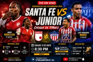 Jugadores de Santa Fe y Junior disputando un balón en El Campín semifinales 2026.