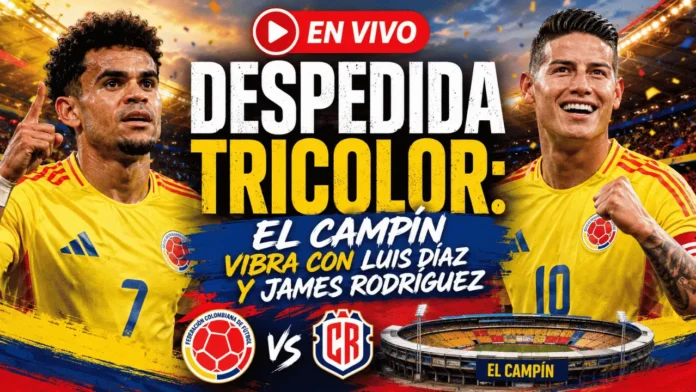 seleccion-colombia-despedida-amistoso-costa-rica Jugadores de la Selección Colombia abrazados en el Estadio El Campín de Bogotá celebrando antes del viaje al Mundial 2026