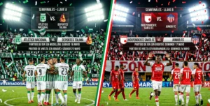Gráfico de las llaves de semifinales de la Liga BetPlay 2026 con los escudos de los equipos clasificados.