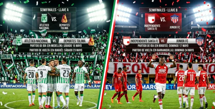 Gráfico de las llaves de semifinales de la Liga BetPlay 2026 con los escudos de los equipos clasificados.
