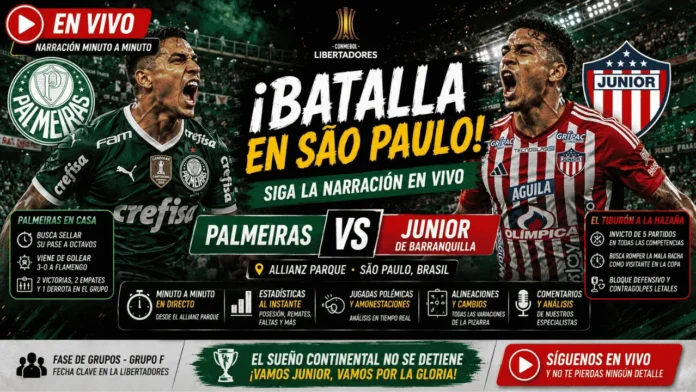 Jugadores del club Junior de Barranquilla disputando un balón frente a Palmeiras en el estadio Allianz Parque de Brasil