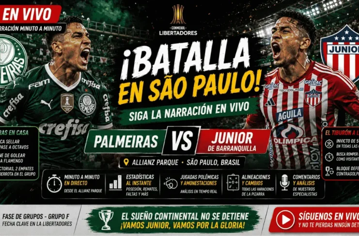 Jugadores del club Junior de Barranquilla disputando un balón frente a Palmeiras en el estadio Allianz Parque de Brasil
