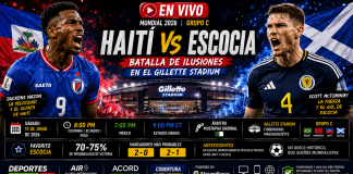 Haití vs Escocia en Vivo Minuto a Minuto – Mundial 2026 Pantalla de análisis deportivo mostrando las alineaciones tácticas probables y estadísticas de rendimiento para el partido Haití vs Escocia del Mundial 2026