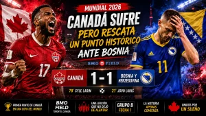 Cyle Larin anotando el gol del empate para Canadá ante Bosnia en el BMO Field
