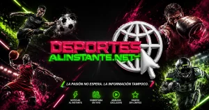 Banner promocional de Deportes Al Instante con un diseño deportivo de alto impacto que muestra futbolistas, un jugador de baloncesto, un boxeador y un atleta de fútbol americano en acción. En el centro destaca el logo de Deportes Al Instante rodeado de efectos luminosos en colores neón verde y magenta sobre un fondo oscuro con energía y movimiento, representando noticias deportivas, cobertura en vivo y análisis exclusivo.