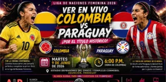 Ver Colombia vs Paraguay Femenino en Vivo Liga de Naciones 2026 Escudo de la Selección Colombia Femenina junto a los rótulos de transmisión oficial de AIR, Deportes al Instante News y StreamForce 360 sobre un fondo de estadio de fútbol