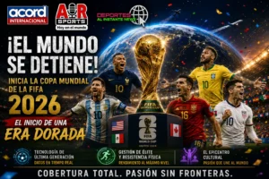 Aficionados celebrando el partido inaugural de la Copa Mundial de la FIFA 2026 en los estadios modernos.