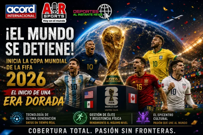 Aficionados celebrando el partido inaugural de la Copa Mundial de la FIFA 2026 en los estadios modernos.