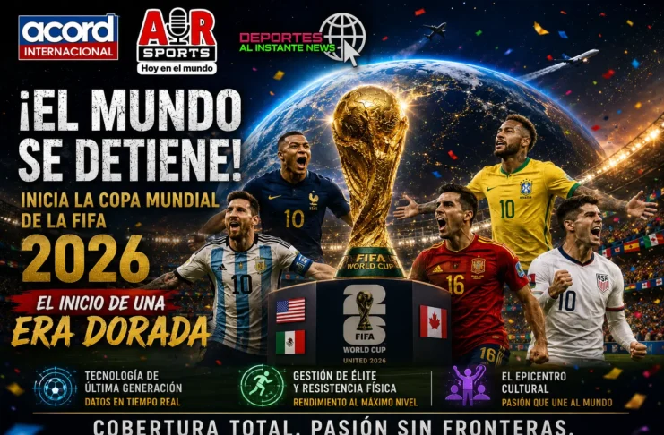 Aficionados celebrando el partido inaugural de la Copa Mundial de la FIFA 2026 en los estadios modernos.