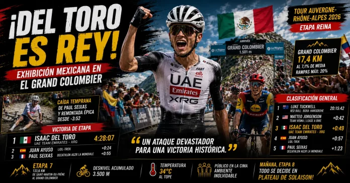 Isaac del Toro ganando la etapa 7 en el Grand Colombier