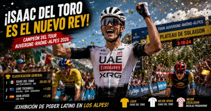 Isaac del Toro celebrando el título general en el podio final