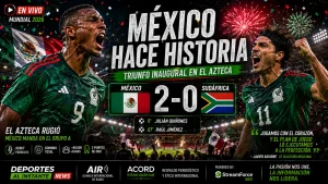 Julián Quiñones anotando el primer gol de México en el Mundial 2026