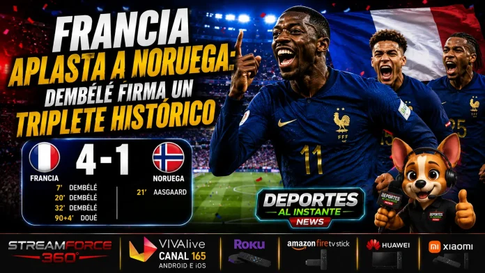 Ousmane Dembélé celebra su triplete en el triunfo de Francia sobre Noruega