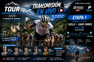 Pelotón de ciclistas profesionales rodando agrupados por las carreteras quebradas de Vizille durante la primera etapa del Tour Auvergne-Rhône-Alpes