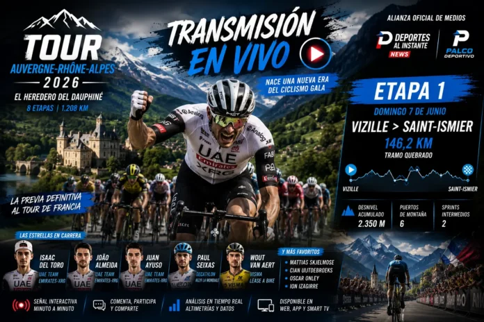 Pelotón de ciclistas profesionales rodando agrupados por las carreteras quebradas de Vizille durante la primera etapa del Tour Auvergne-Rhône-Alpes