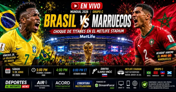 Pantalla de análisis deportivo mostrando las alineaciones tácticas probables y estadísticas de rendimiento para el partido Brasil vs Marruecos del Mundial 2026
