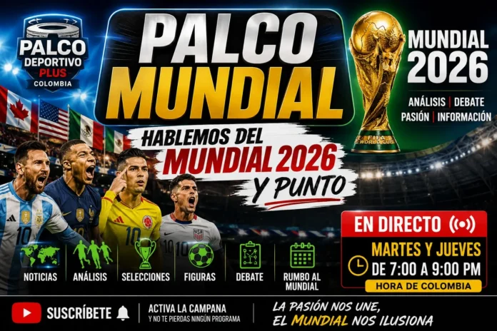 El periodista Daniel Quevedo dirigiendo el debate de televisión deportiva frente a una pantalla interactiva con el logo de Hablemos del Mundial y Punto