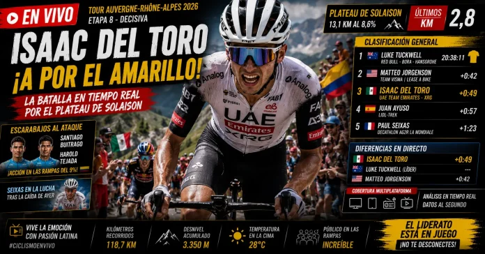 Isaac del Toro y ciclistas colombianos atacando en la montaña en vivo