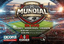 Somos Mundial Fútbol Análisis en Vivo Estudio de televisión digital emitiendo el programa de debate Somos Mundial con pantallas tácticas de fondo y logos de la alianza AIR, ACORD y Deportes al Instante News