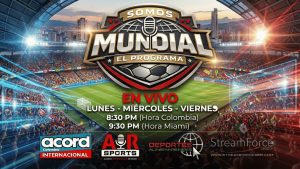 Estudio de televisión digital emitiendo el programa de debate Somos Mundial con pantallas tácticas de fondo y logos de la alianza AIR, ACORD y Deportes al Instante News