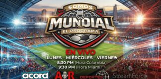 Somos Mundial Fútbol Análisis en Vivo Estudio de televisión digital emitiendo el programa de debate Somos Mundial con pantallas tácticas de fondo y logos de la alianza AIR, ACORD y Deportes al Instante News
