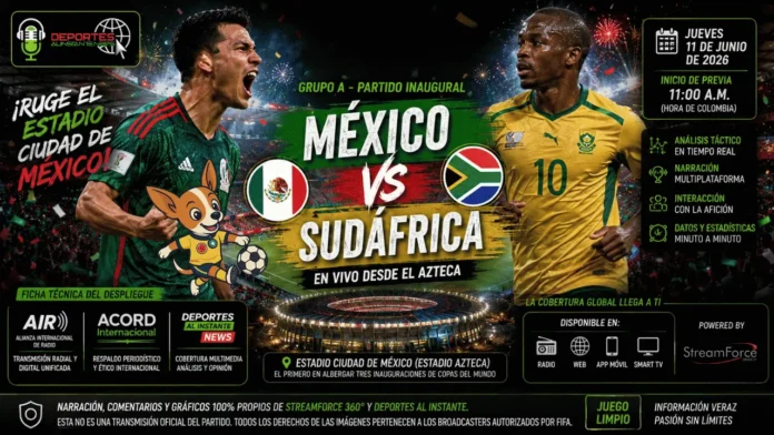 Vista panorámica interior del Estadio Ciudad de México completamente lleno durante la ceremonia de apertura y el partido inaugural entre México y Sudáfrica 2026