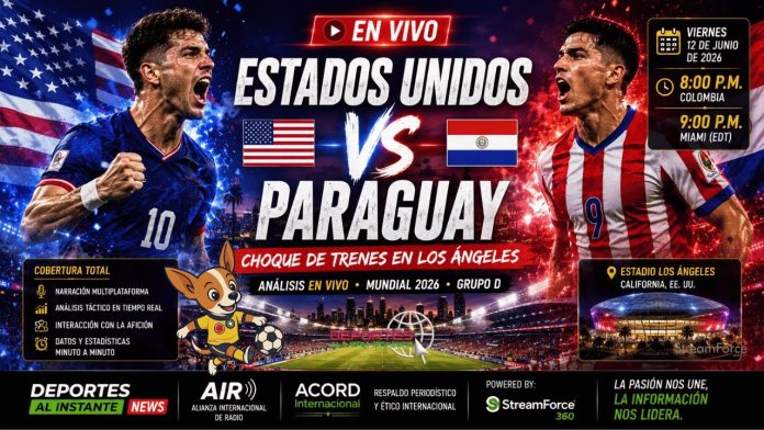 Panelistas en un set de televisión digital proyectando mapas de calor y pizarras técnicas para el partido entre Estados Unidos y Paraguay de la Copa del Mundo 2026